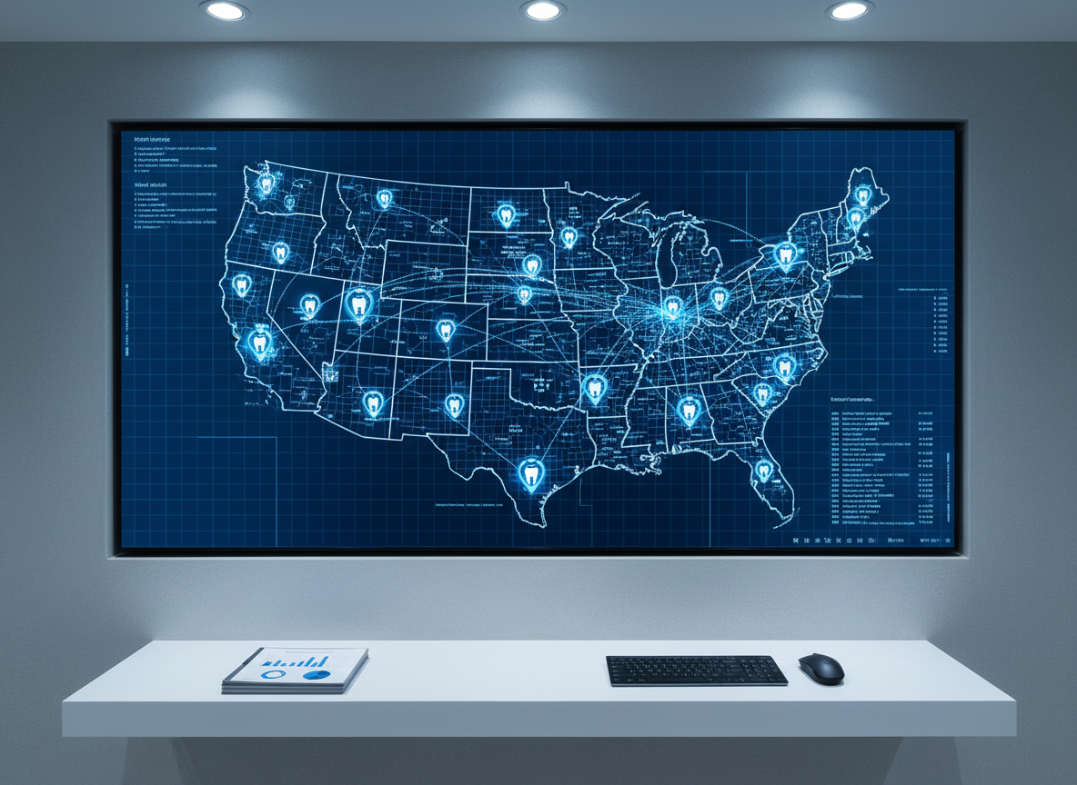 A detailed top-down view of a large, wall-mounted digital map showing a multi-state network of dental practices, each location marked with small illuminated icons connected by subtle glowing lines. Below the screen, a minimal floating shelf holds a few neatly stacked analytics reports, a slim wireless keyboard, and a dark matte mouse. Cool-toned ambient lighting from recessed ceiling fixtures gently washes the wall, while the screen itself emits a crisp, focused glow that becomes the primary light source. The composition emphasizes structure and connectivity, with precise lines and clean geometry. The mood is analytical, scalable, and growth-oriented, rendered in photographic realism with a highly modern, data-driven consulting aesthetic.