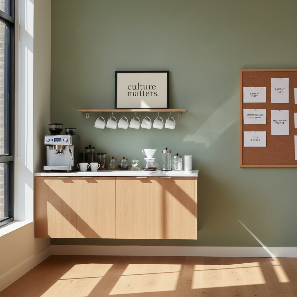 A serene, contemporary break area in a DSO headquarters, featuring a light oak counter with an immaculate coffee station, a row of white porcelain mugs, and a small framed print reading culture matters leaning against a sage-green accent wall. A discreet cork board in the background holds a few neatly pinned value statements and milestone cards. Soft, diffused daylight from an adjacent window bathes the space in a gentle glow, creating subtle shadows and a welcoming atmosphere. Shot at eye level with a slightly wide frame, the composition balances negative space and detail, conveying a calm, professional environment where culture and operations intersect, captured with clean photographic realism.