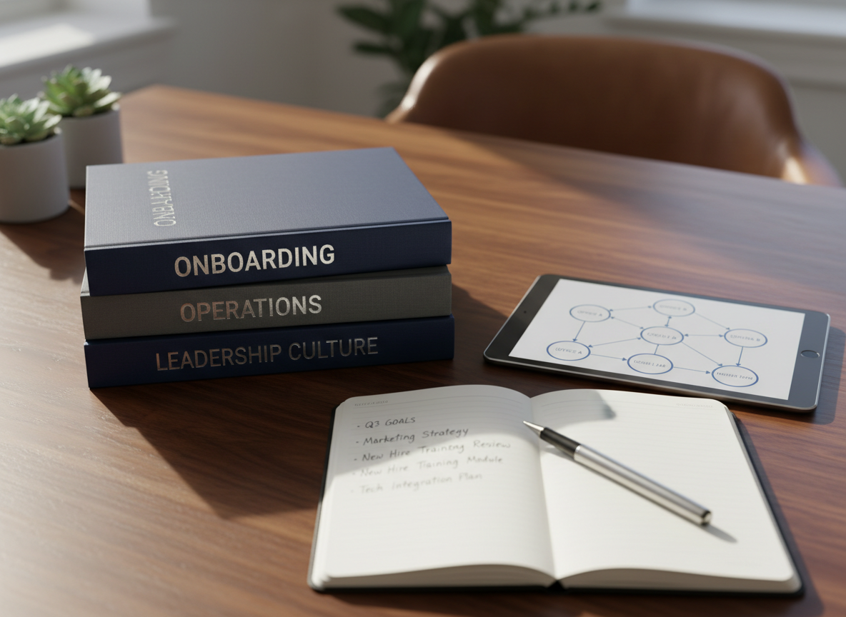A polished wooden desk with a neatly stacked set of DSO playbooks, each with embossed titles like onboarding, operations, and leadership culture on navy and charcoal covers. Beside them, a high-end tablet displays a clear workflow diagram connecting multiple dental offices, and a slim silver pen rests diagonally across an open notebook filled with tidy bullet points. Soft morning light from an unseen window creates a warm, directional glow across the desk, highlighting the paper textures and wood grain while casting gentle, elongated shadows. Captured from a three-quarter overhead angle with moderate depth of field, the image feels thoughtful, organized, and quietly aspirational, conveying a sense of practical guidance and refined professionalism in photographic realism.