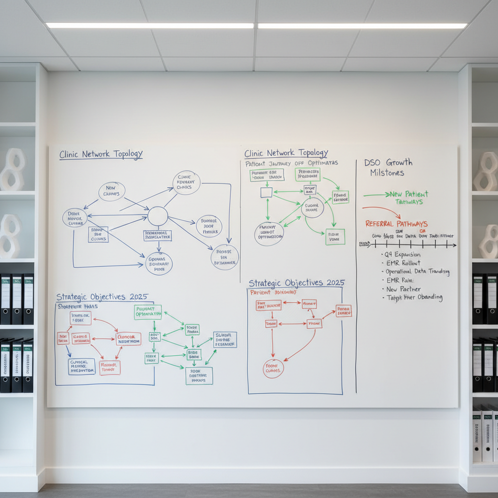 A meticulously organized whiteboard wall filled with neatly drawn clinic network diagrams, color-coded arrows indicating patient flow, and clearly labeled growth milestones for a DSO. Surrounding the whiteboard are clean built-in shelves holding binders labeled operations, culture, and integration, along with a few modern geometric sculptures. Cool, diffused overhead lighting and soft indirect daylight from a nearby window evenly illuminate the space, avoiding harsh shadows. Photographed straight-on at eye level with sharp focus across the entire scene, the composition feels structured and methodical. The atmosphere is calm and focused, conveying disciplined planning and thoughtful execution, rendered in photographic realism with a clean, modern, consulting-style aesthetic.